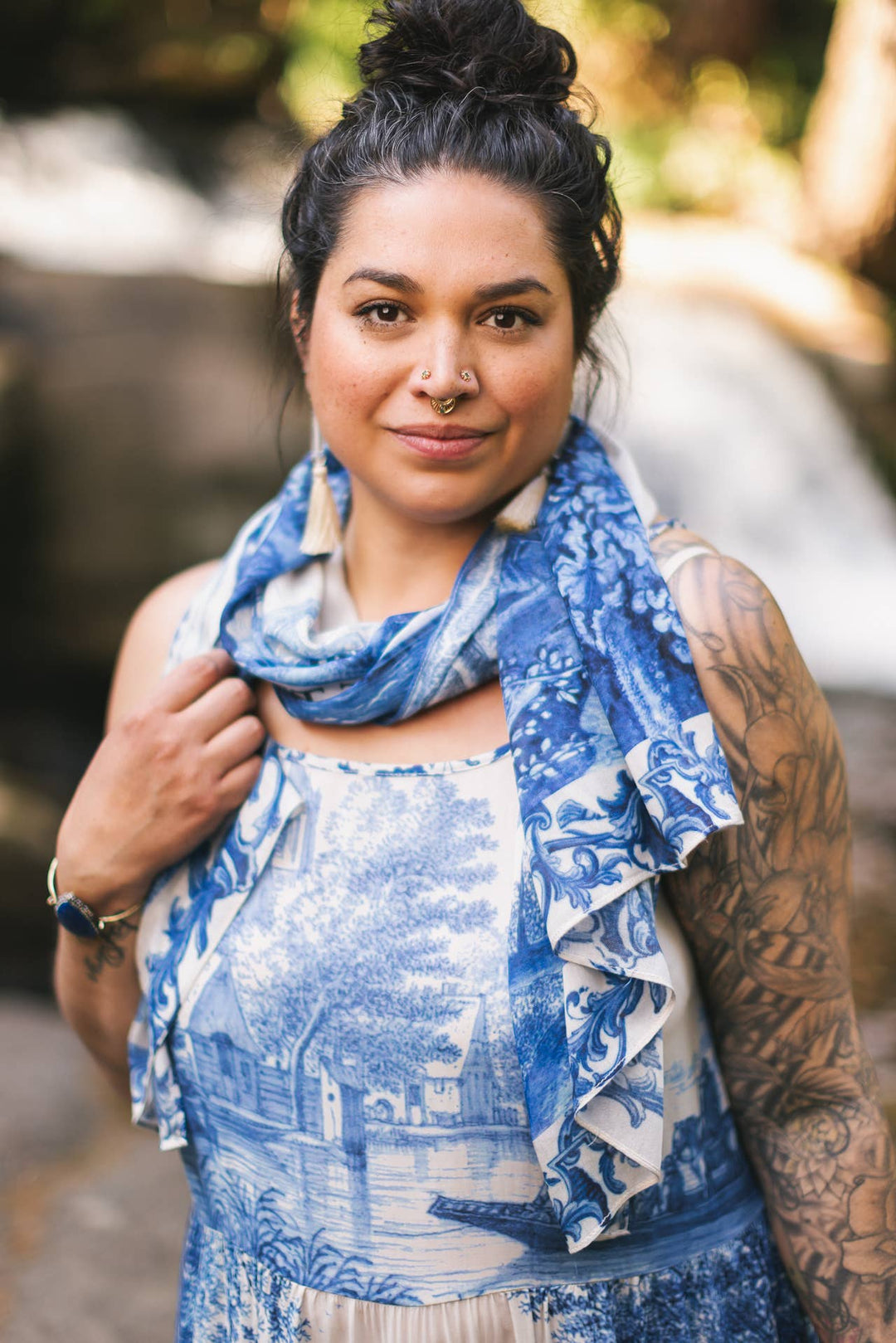 Let The Light In Bohemian Scarf w/ Blue Delft Toile Print