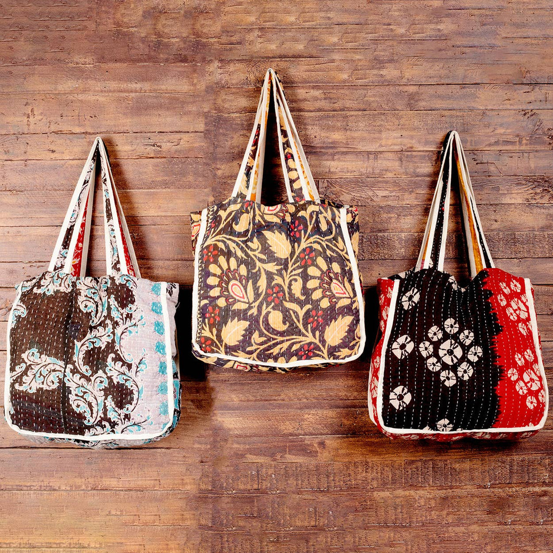 Black Kantha Market Tote Bags