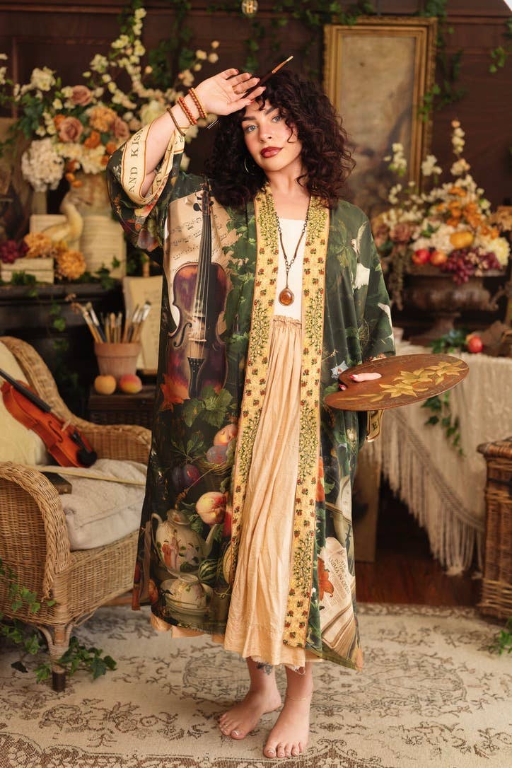Labour of Love Opera Duster Kimono Robe w/ Florals & Violin