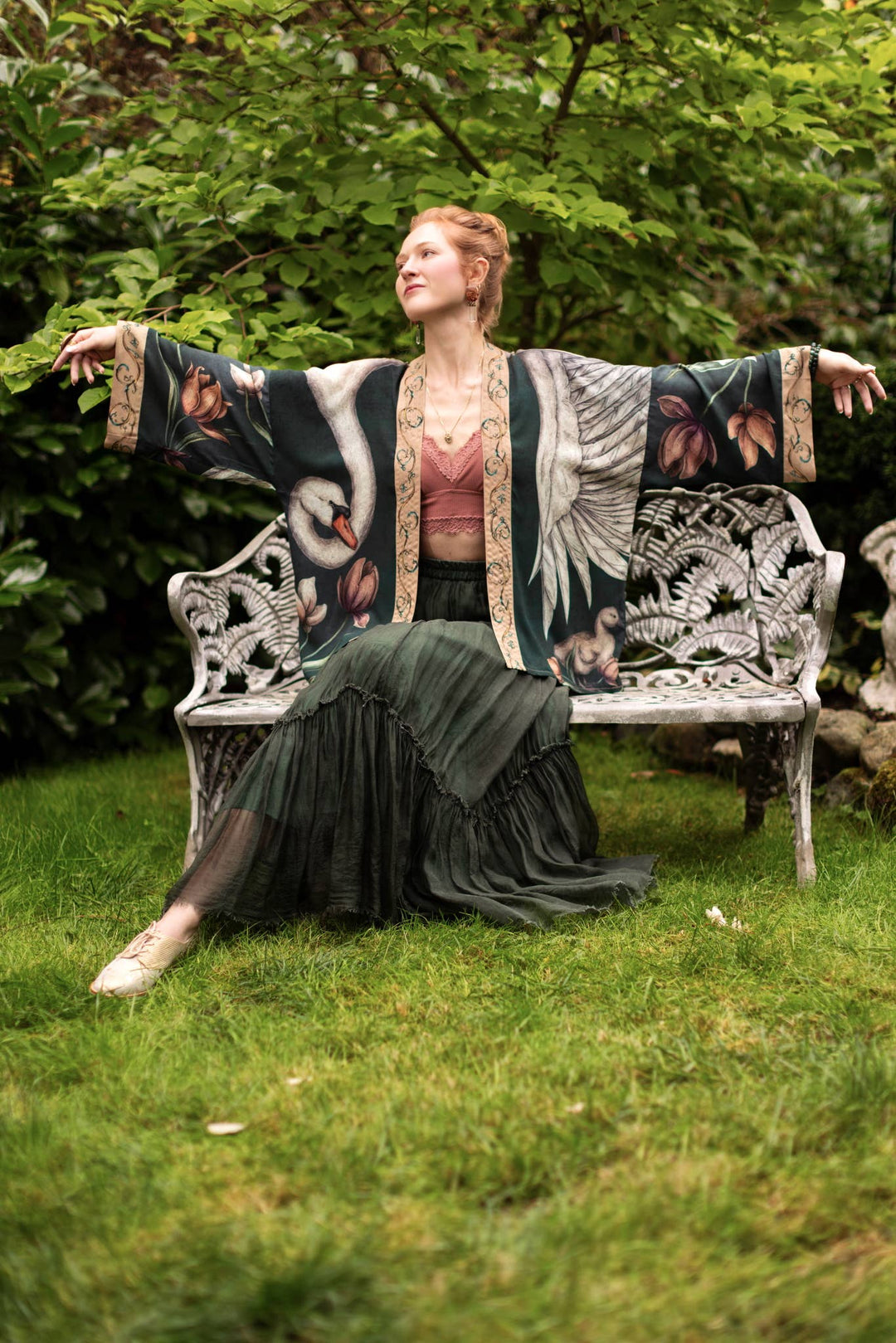 Under My Wing Pixie Crop Kimono w/ Swan & Feathers