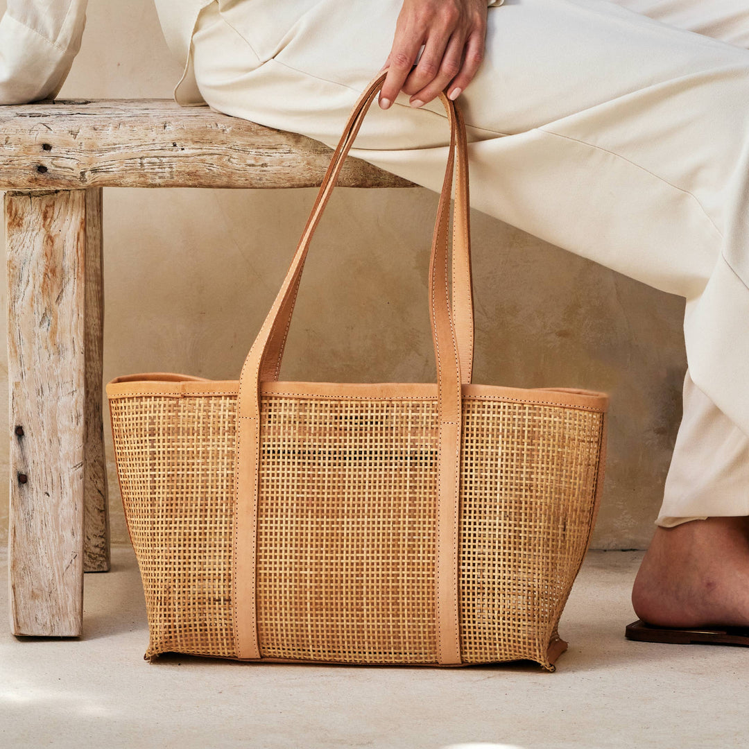 Rattan Basket Weave Tote Bag with Light Leather - Bali