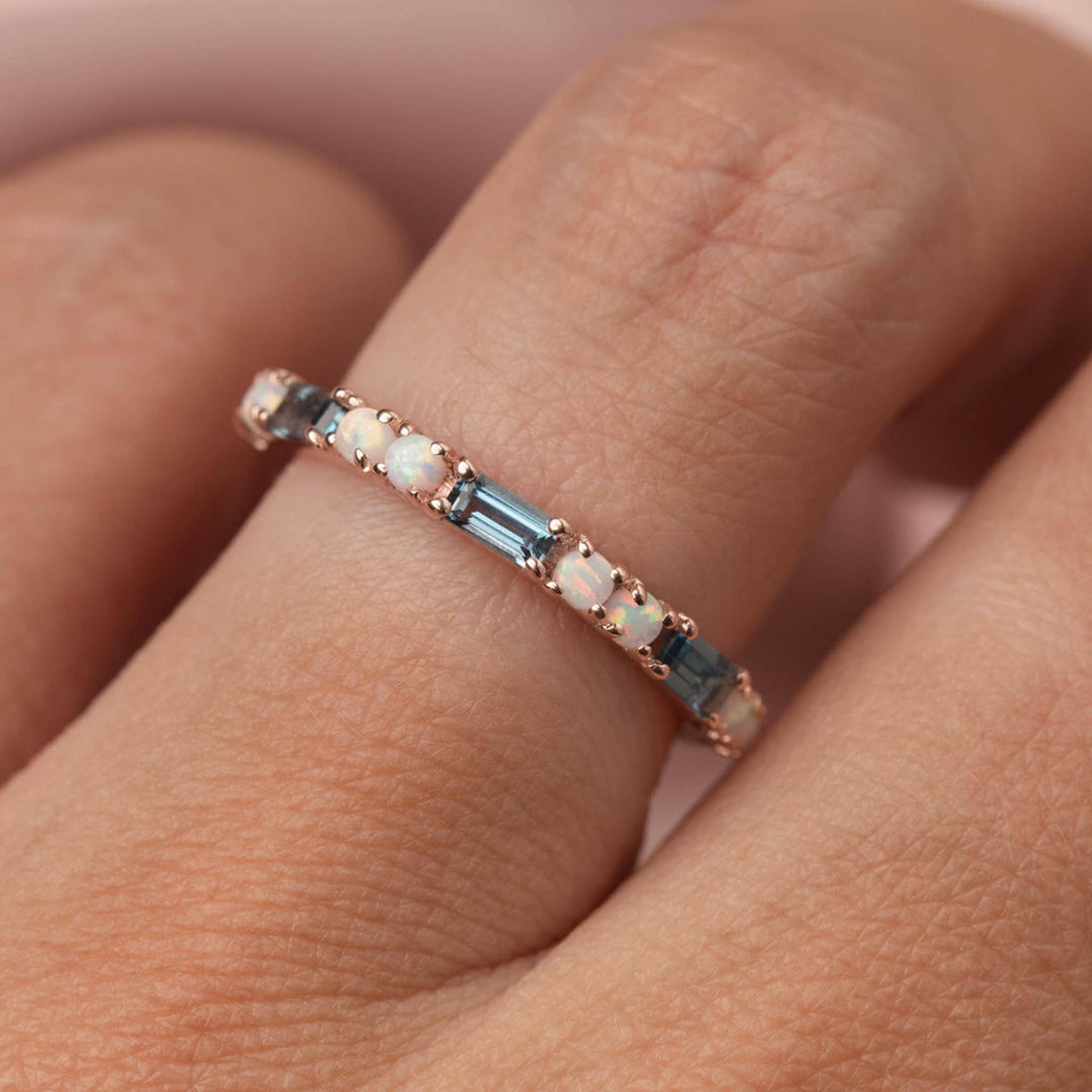 Rose Gold London Blue Topaz & Opal Midnight Crossing Band - Bali