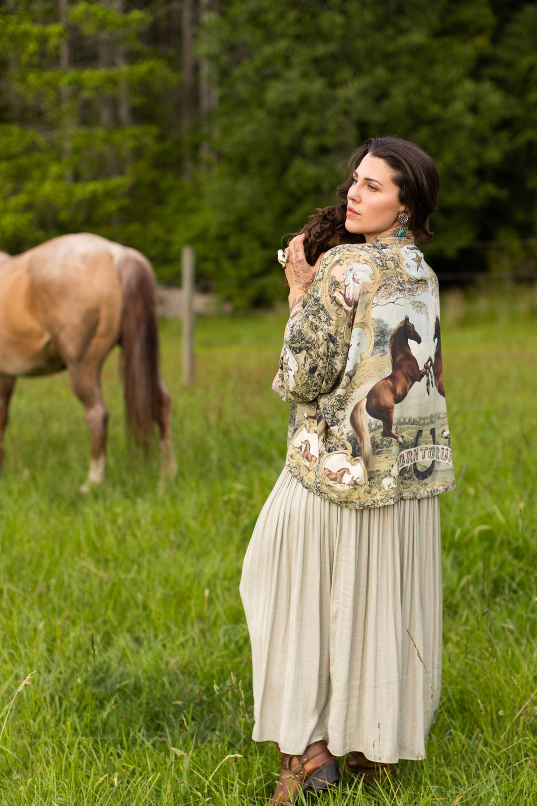 Born to Run Pixie Duster Crop Kimono w/ Horse & Flower Print - Canada