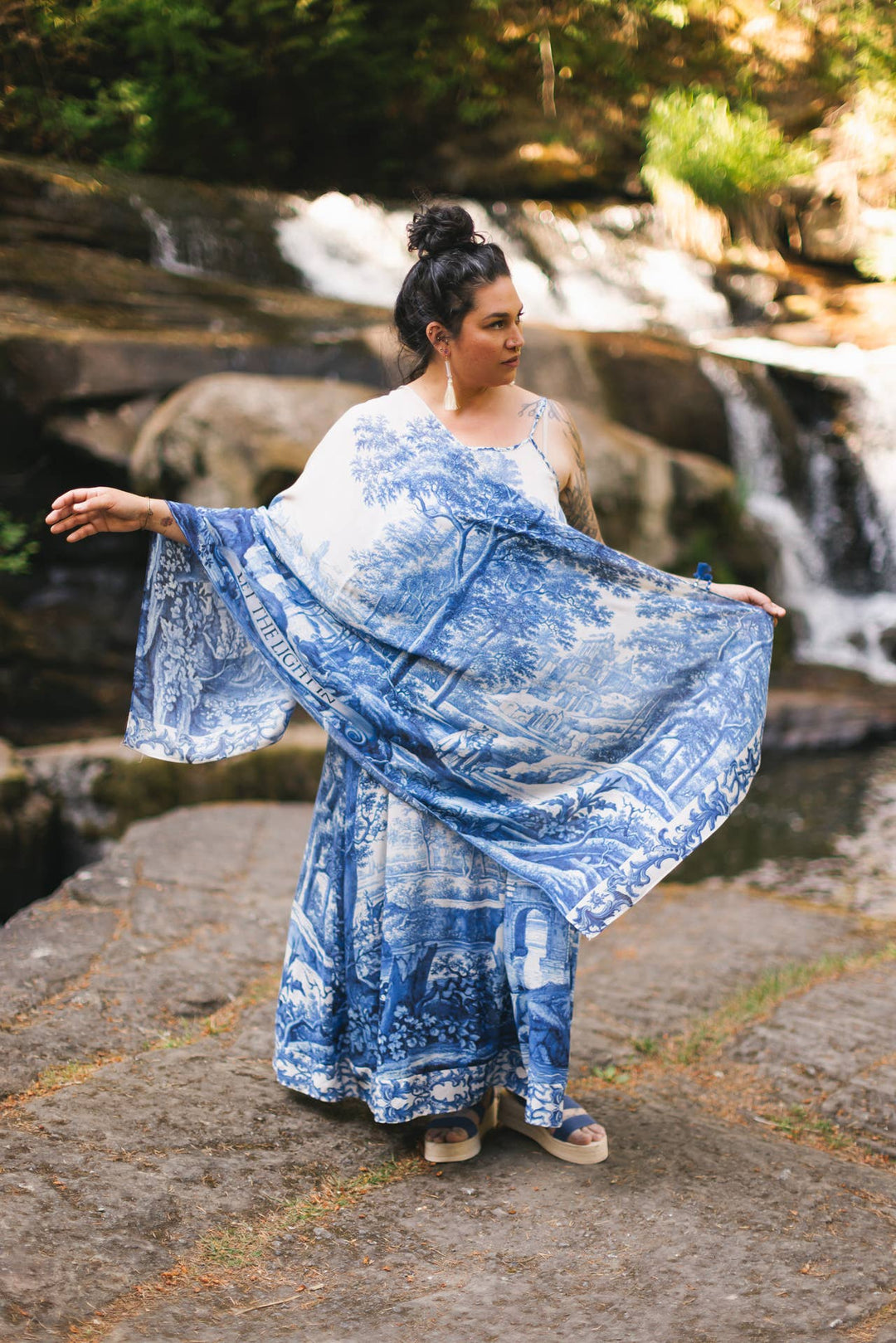 Let The Light In Bohemian Scarf w/ Blue Delft Toile Print
