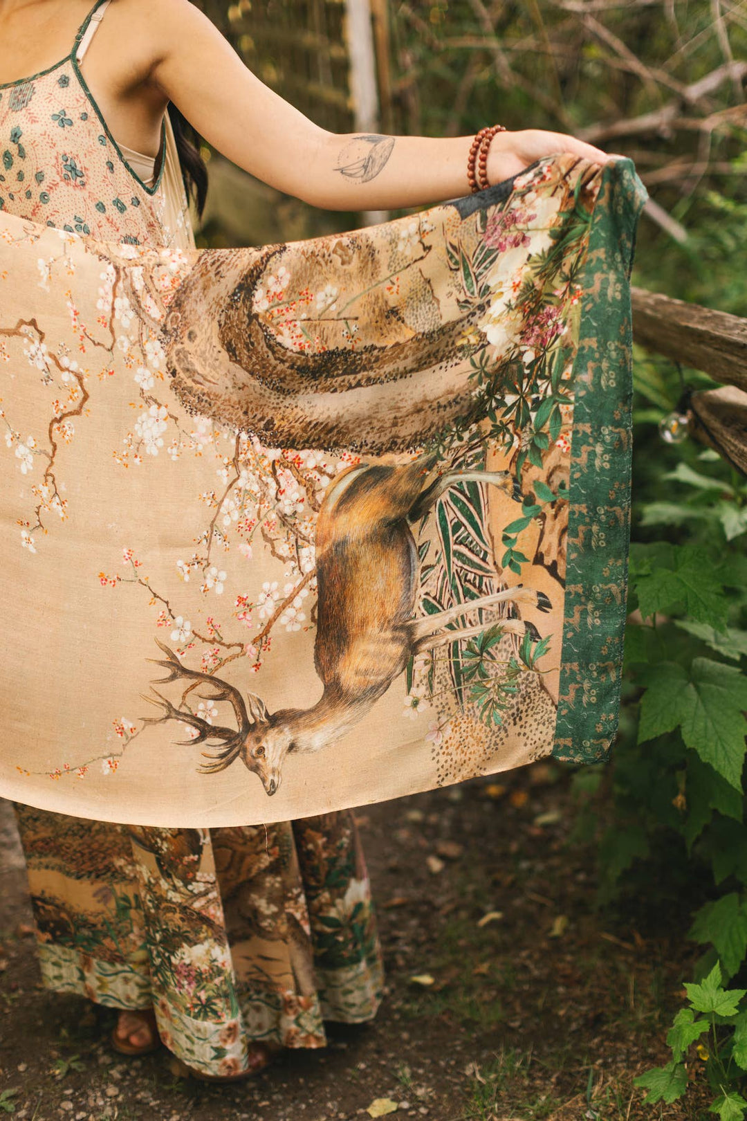 Fable Bohemian Floral Scarf with Deer & Moon Print