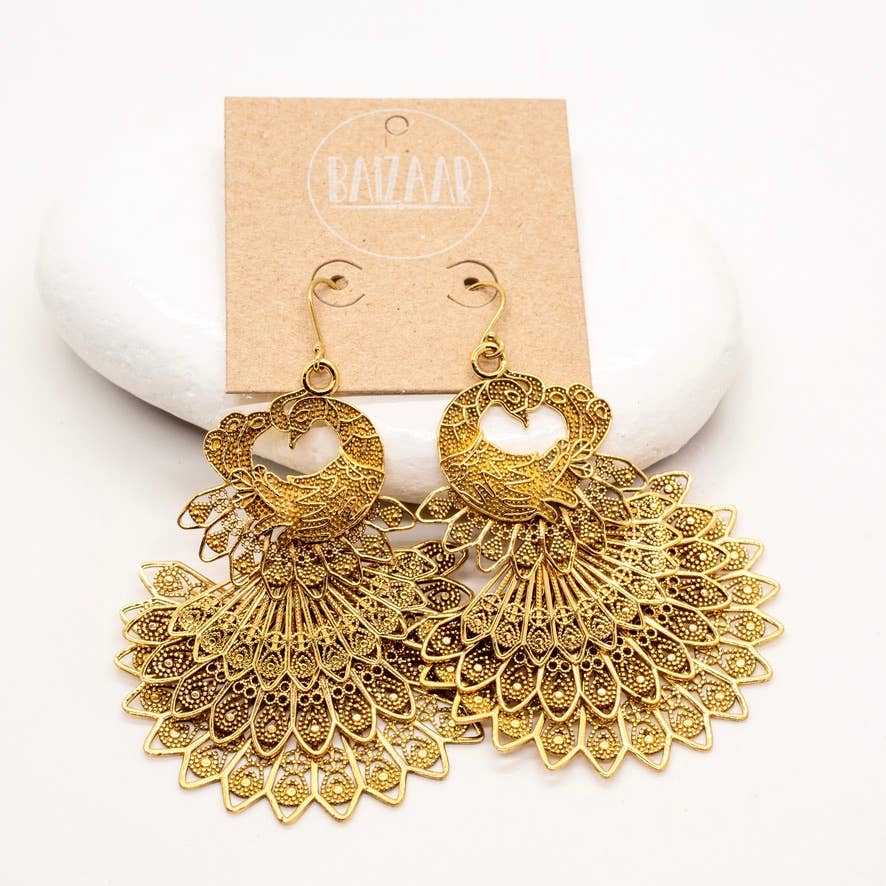 Brass Peacock Statement Earrings - Rajasthan, India