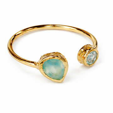 Gold ring with a green gemstone on a white background