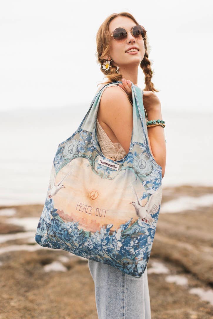Peace Out Turquoise Linen Tote Bag with Doves and Sunrise