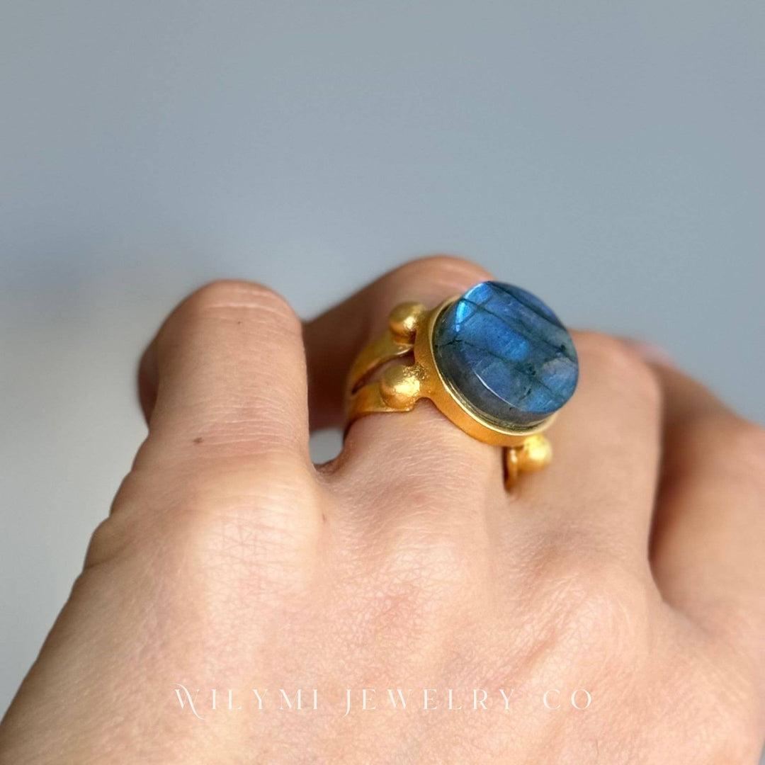 Labradorite 16mm Round Cut Flat Ring | 24k Gold Filled