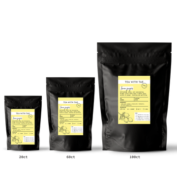 Three black tea bags with yellow labels on a white background