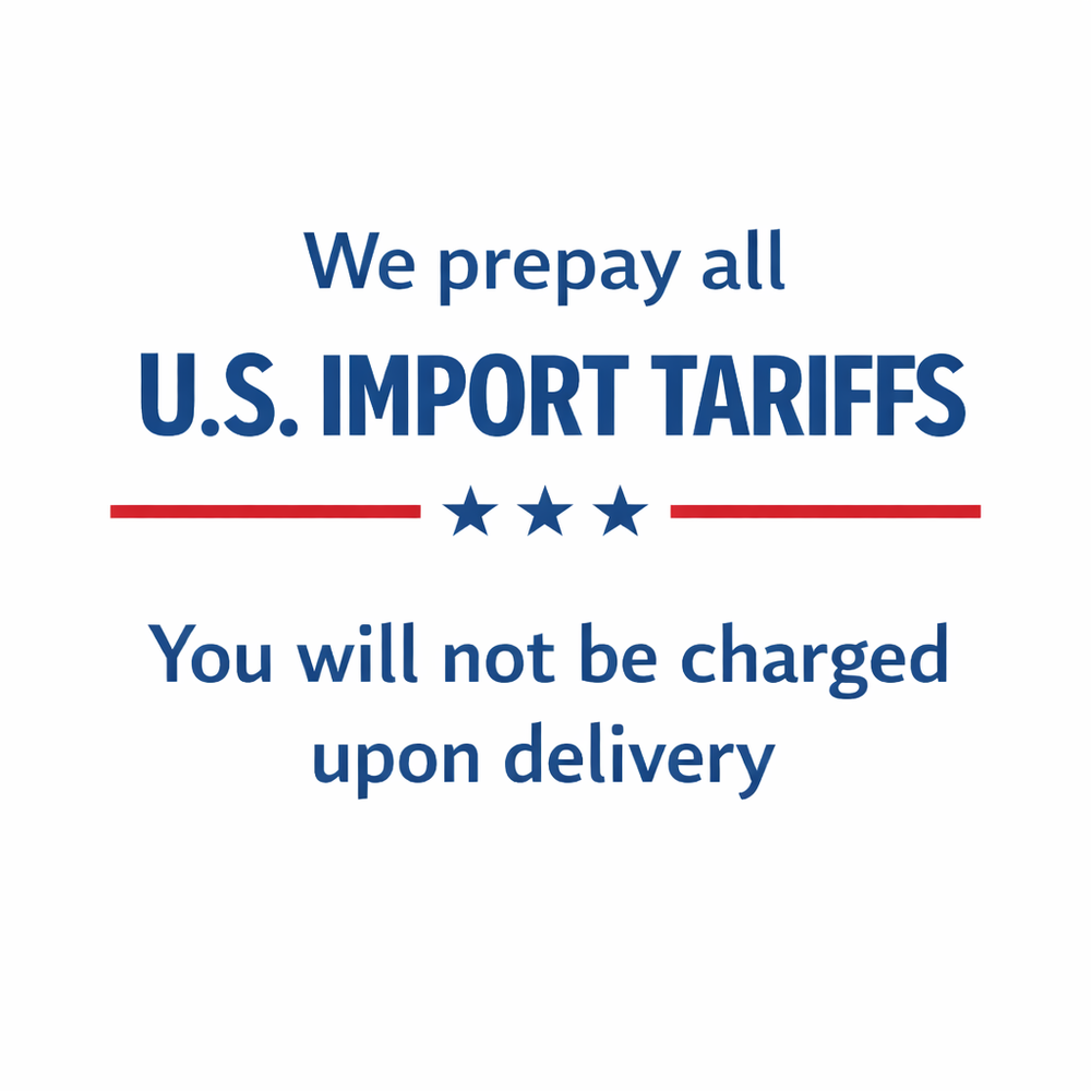 Advertisement about prepaying U.S. import tariffs on a white background with blue text.