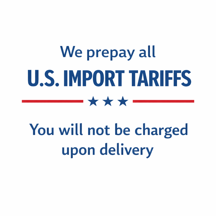 Advertisement about prepaying U.S. import tariffs on a white background with blue text.