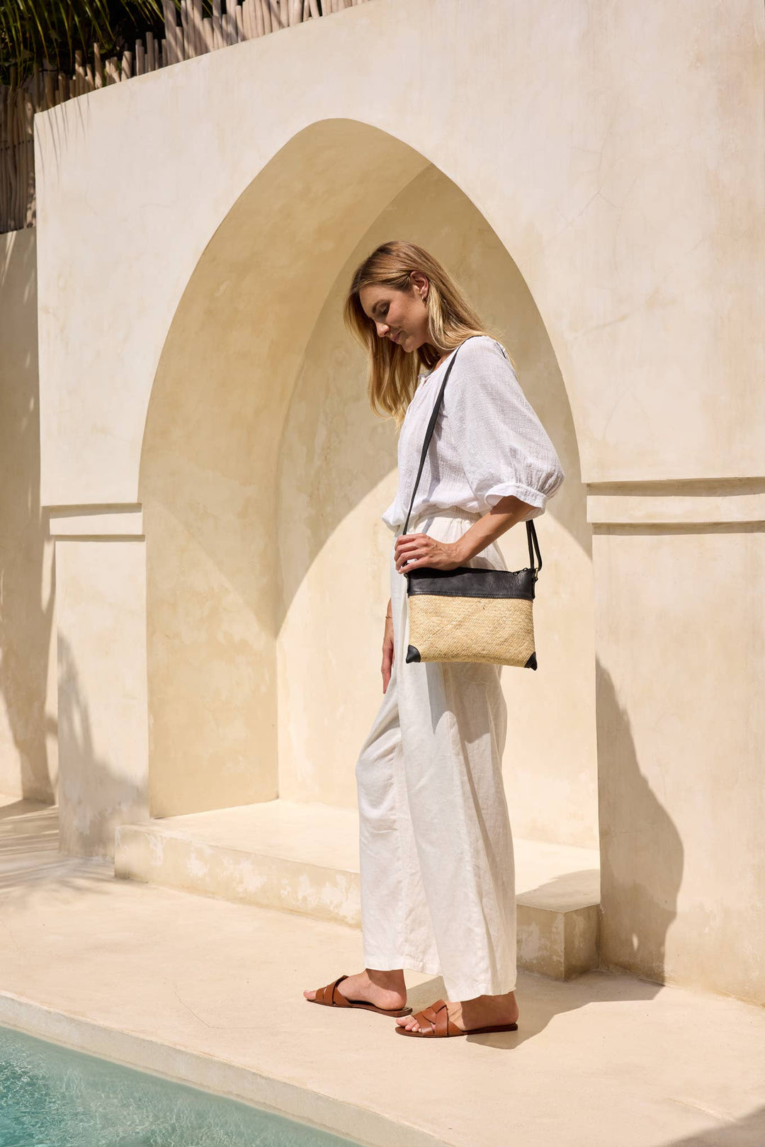 Rattan Crossbody Bag with Dark Leather Trim - Borneo