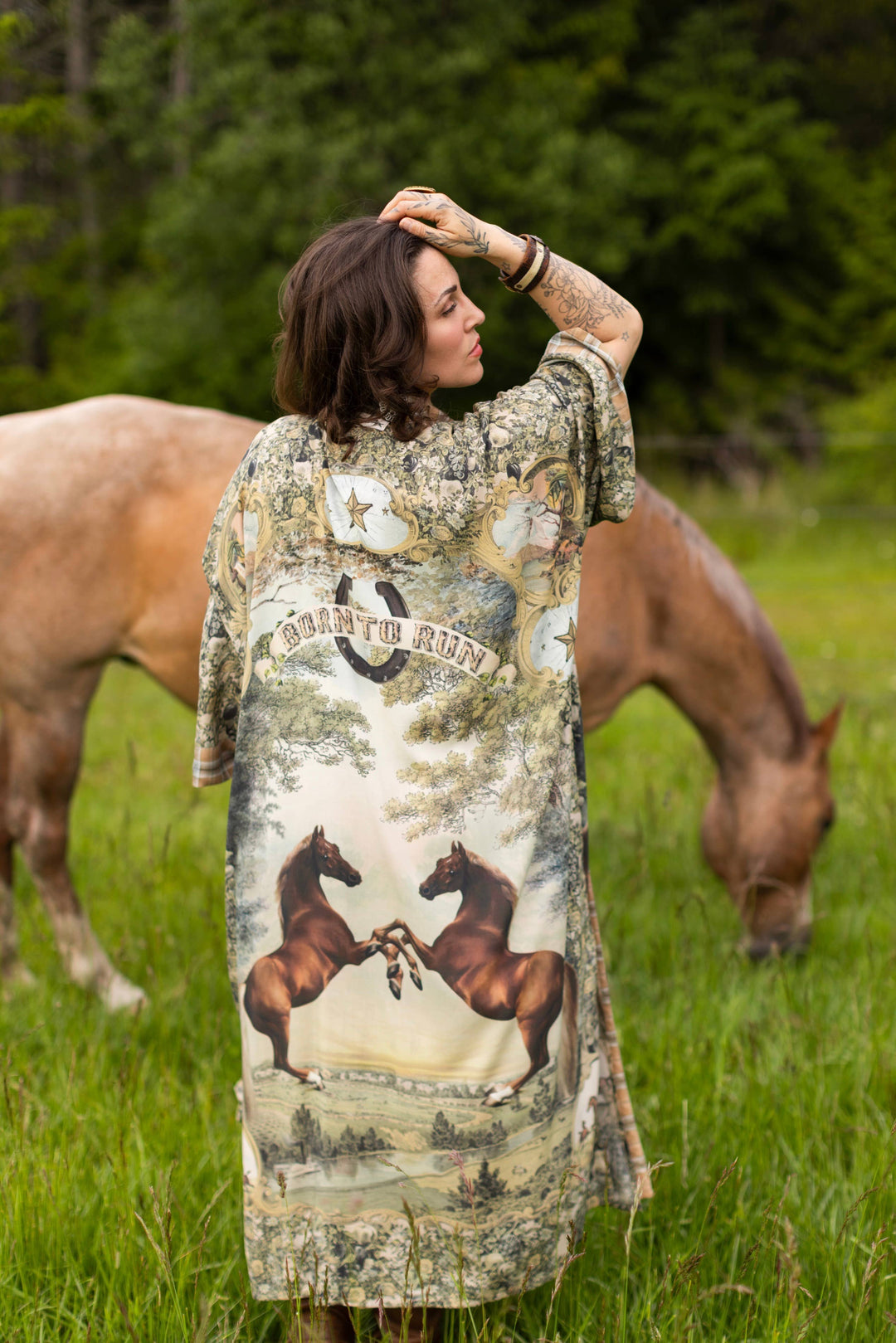 Born to Run Opera Duster Kimono Robe w/ Horse & Flower Print - Canada