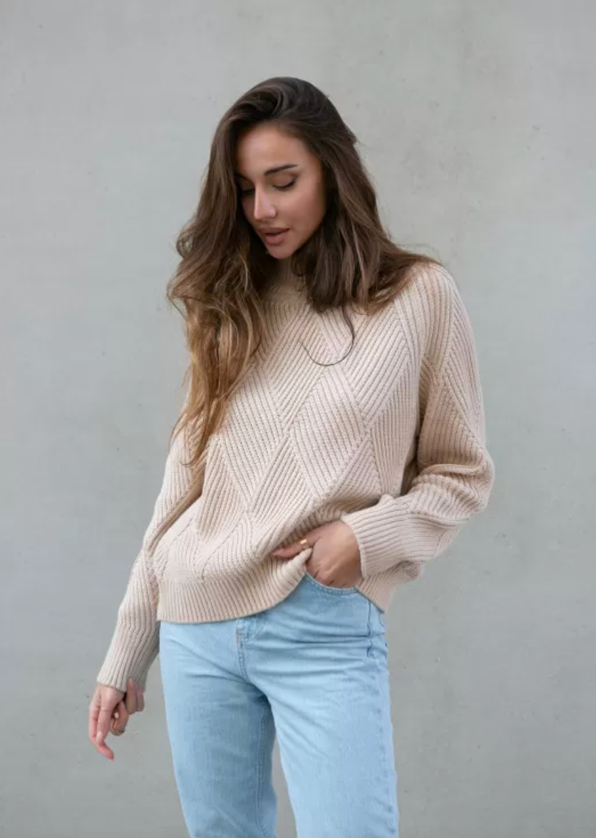 High Neck Knitted Sweater With Geometric Print