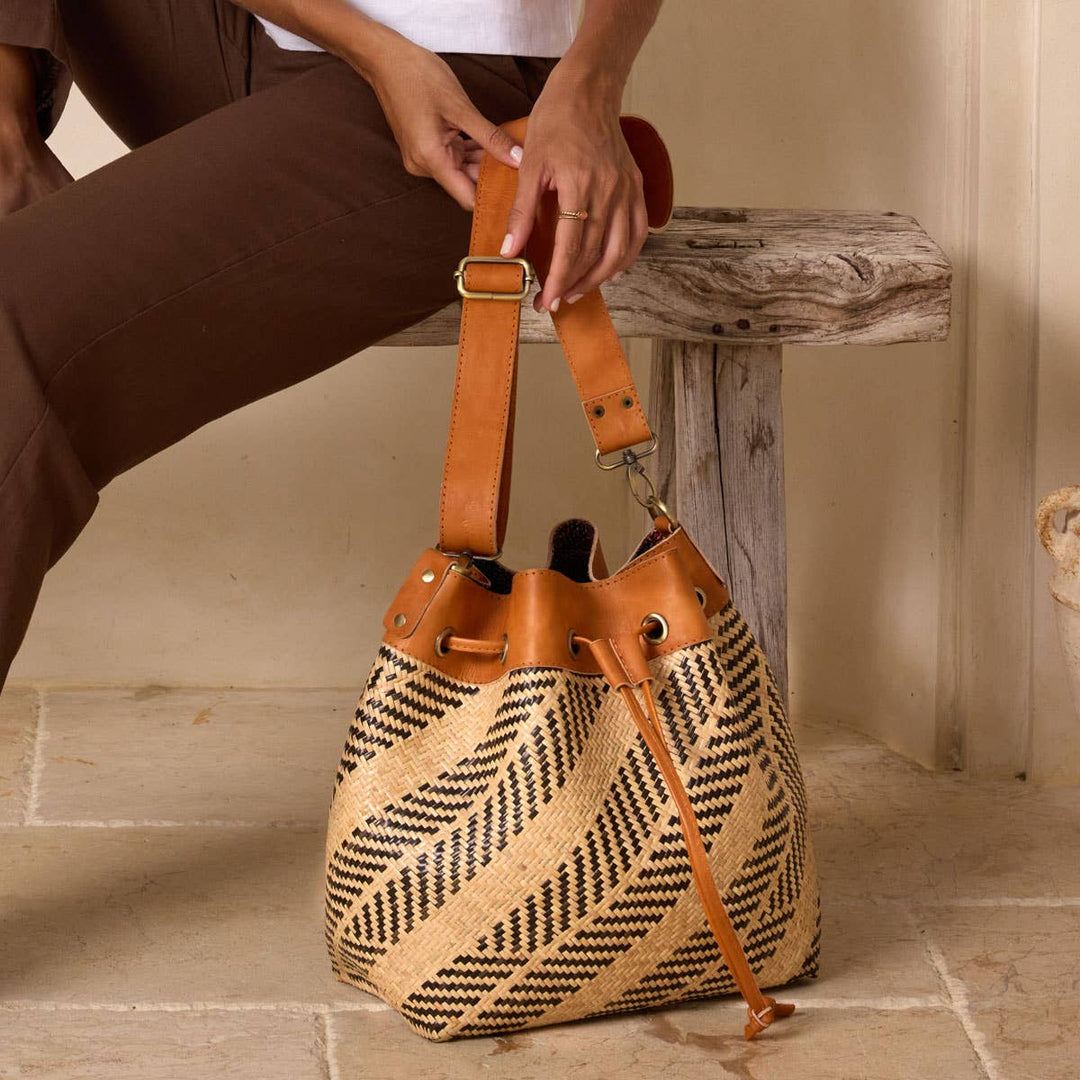 Rattan Sling Bag - Brown Diagonal Stripe Pattern - Borneo