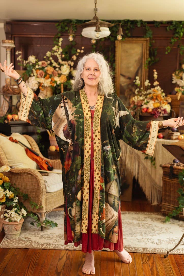 Labour of Love Opera Duster Kimono Robe w/ Florals & Violin