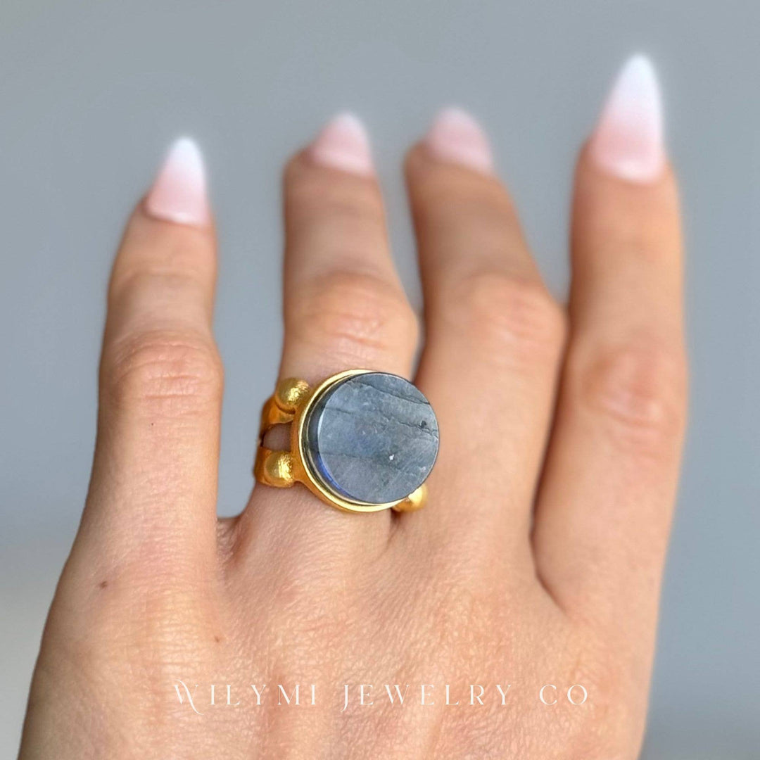 Labradorite 16mm Round Cut Flat Ring | 24k Gold Filled