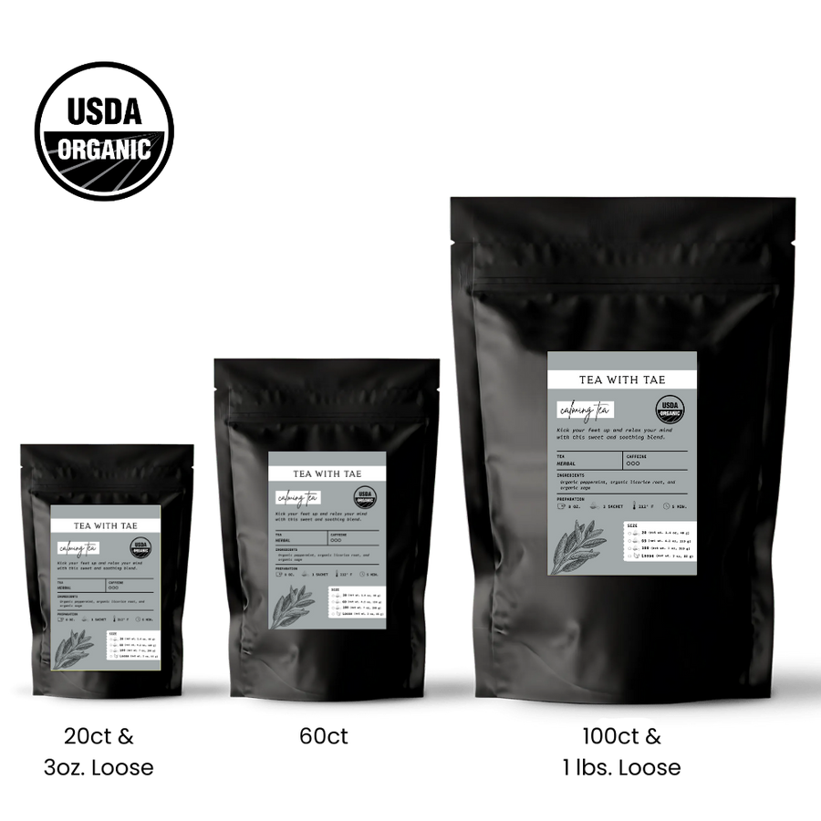 Three black tea packages with labels on a white background, featuring USDA Organic certification.