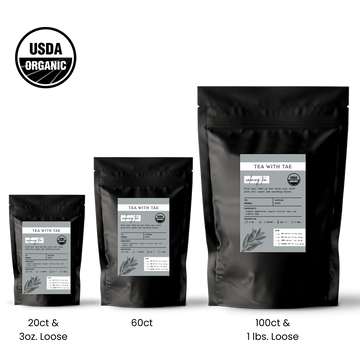 Three black tea packages with labels on a white background, featuring USDA Organic certification.