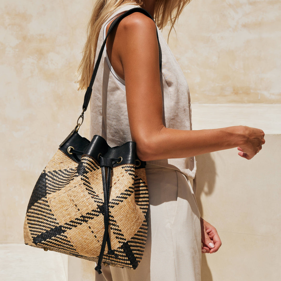 Rattan Sling Bag - Black and Ivory Plaid Weave, Leather Trim