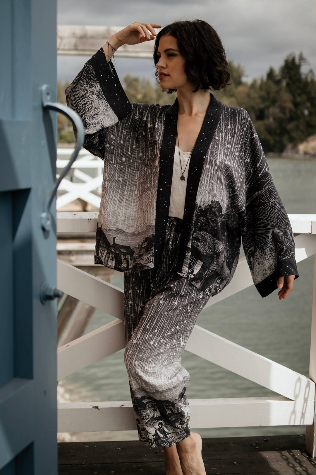 Stargazer Linen Cropped Artist Pant with Falling Stars Print