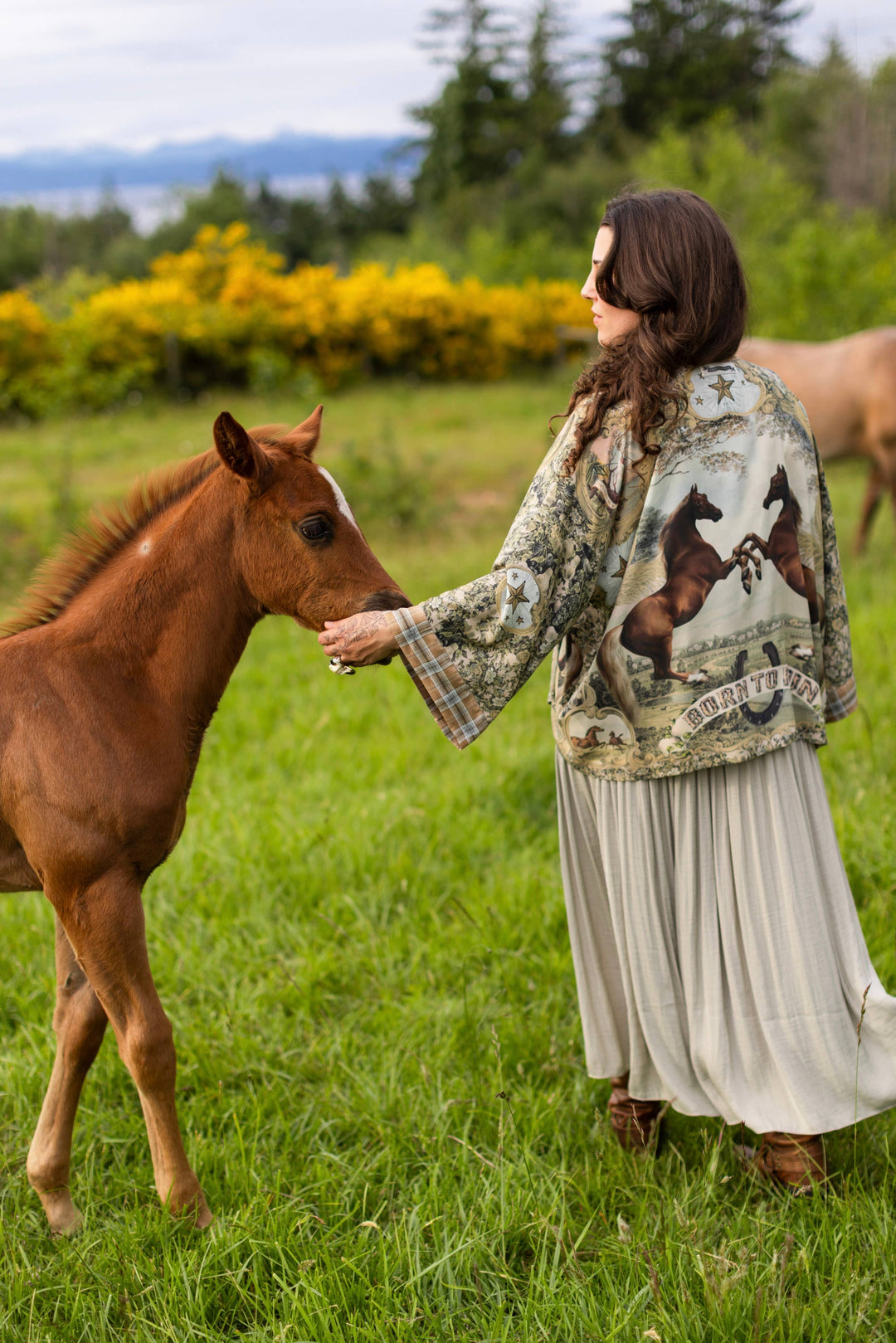 Born to Run Pixie Duster Crop Kimono w/ Horse & Flower Print - Canada
