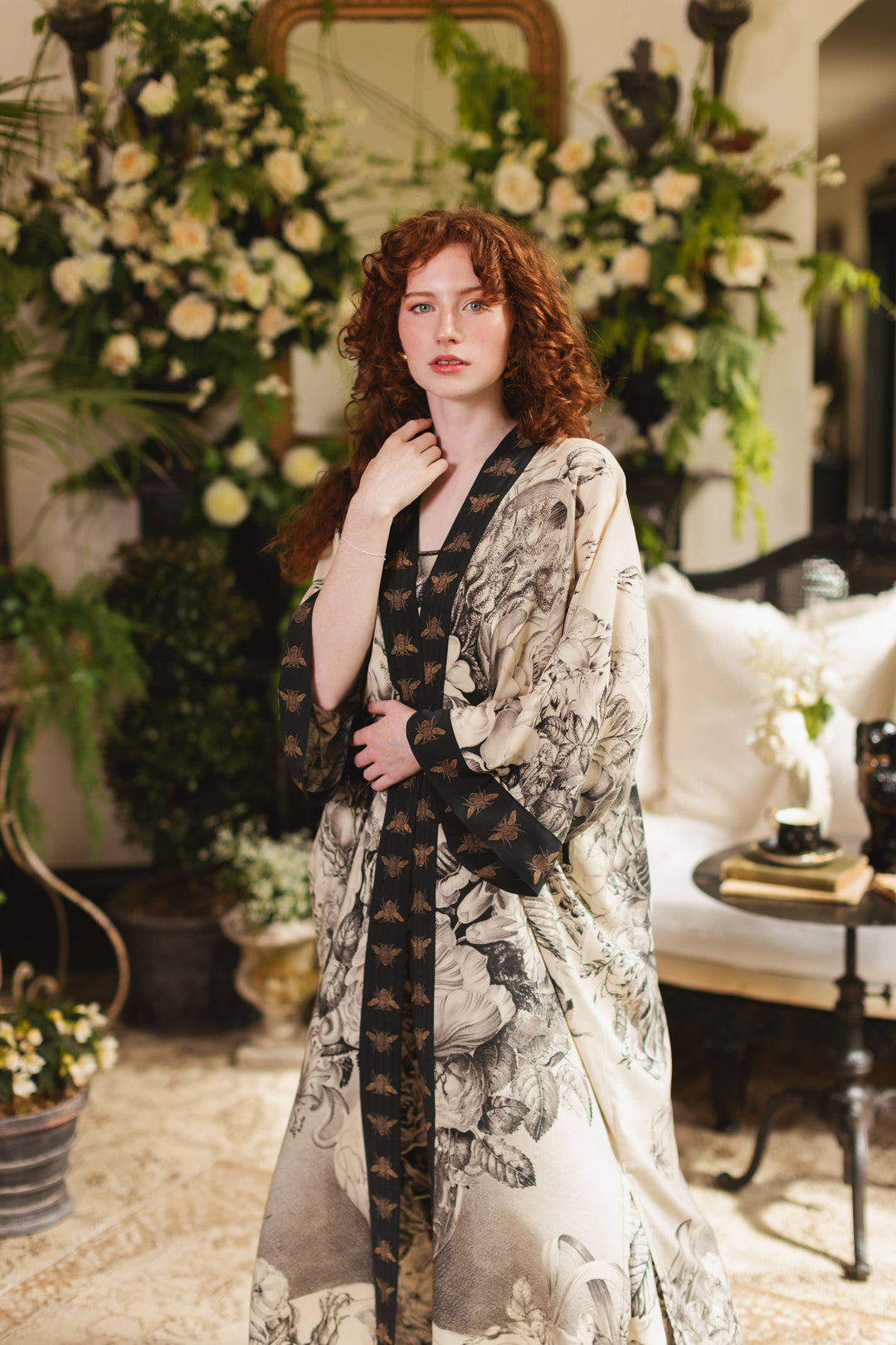 Honey & The Moon Opera Duster Kimono Robe w/ Florals & Bees