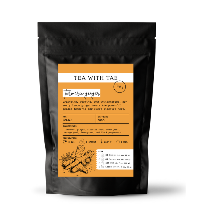 Tea package with 'Tea with Tae' label on a white background