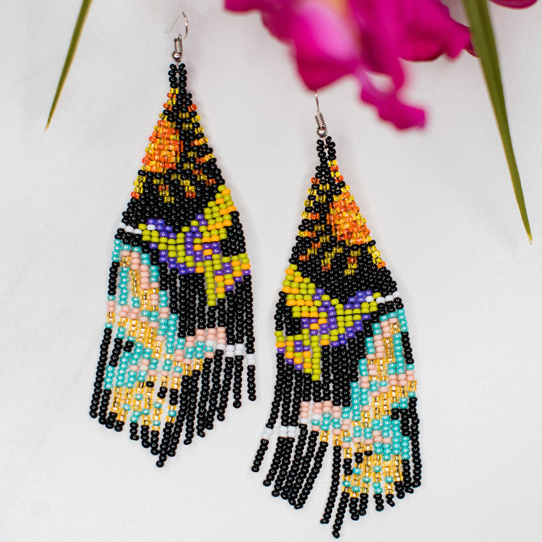 Midnight Hummingbird in Flight Fringe Earrings - Guatemala
