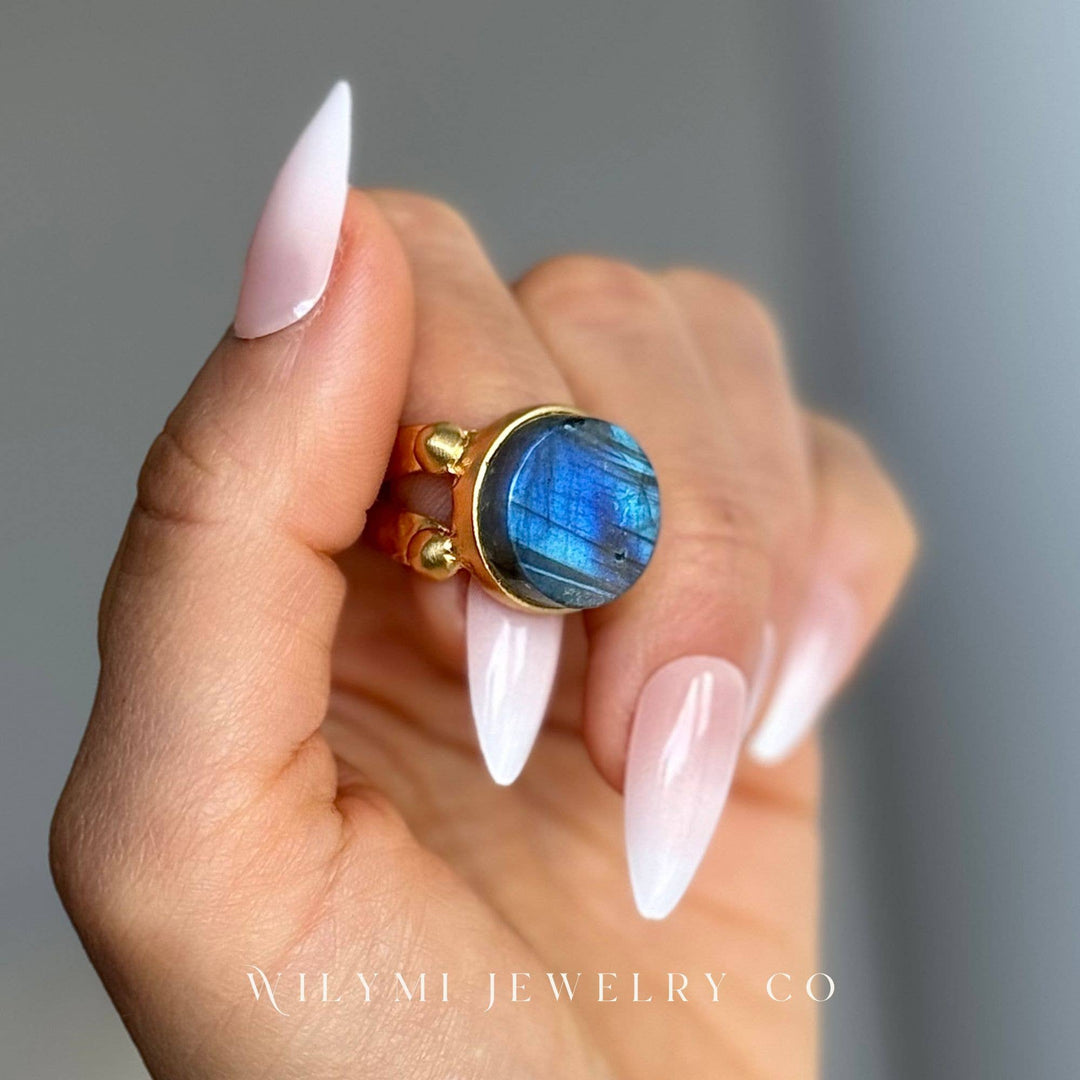 Labradorite 16mm Round Cut Flat Ring | 24k Gold Filled