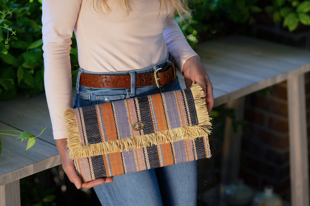 Sophie Raffia Straw Envelope Clutch Purse with Raw Fringe