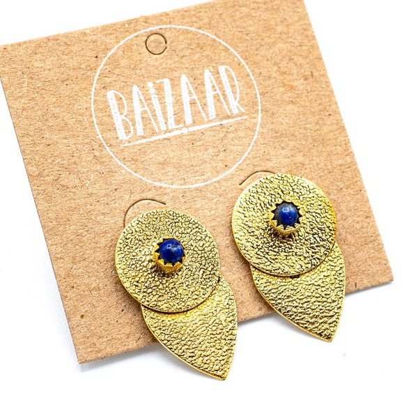 Textured Brass & Lapis Studs - Rajasthan, India