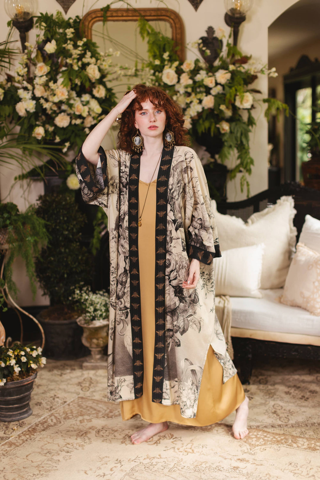 Honey & The Moon Opera Duster Kimono Robe w/ Florals & Bees