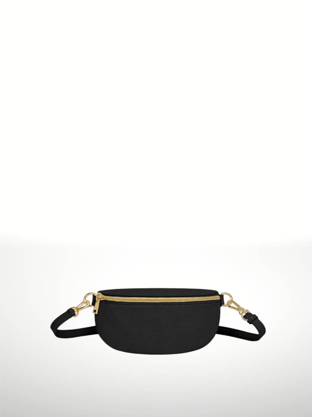 A black waist bag with a gold zipper and gold hardware, featuring an adjustable black strap, shown against a plain white background.