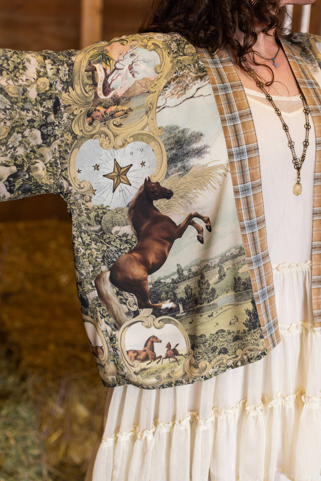 Born to Run Pixie Duster Crop Kimono w/ Horse & Flower Print - Canada