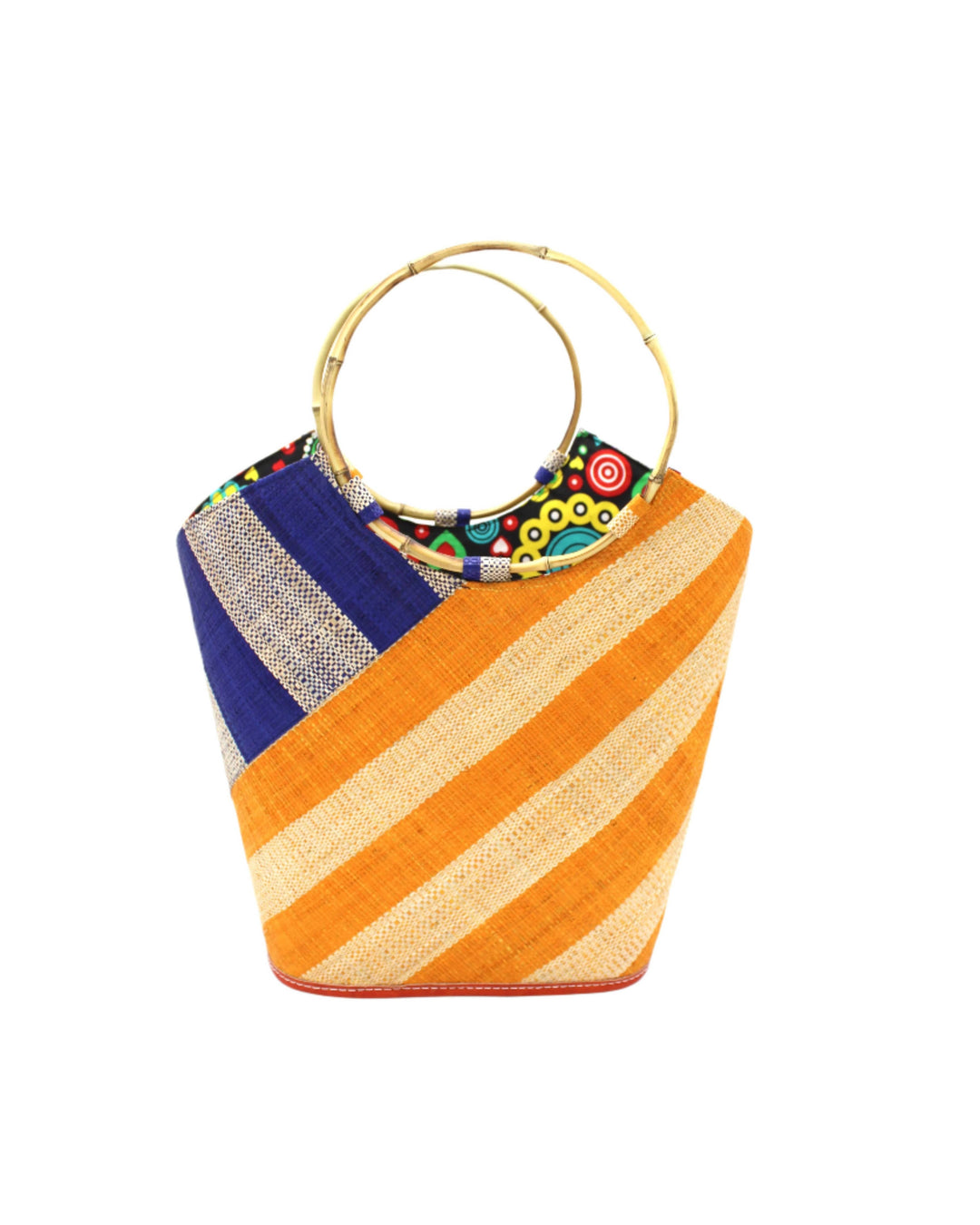 Carmen Double Wide Stripe Straw Bucket Bag w/ Bamboo Handles