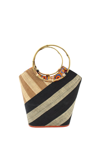 Multicolored woven handbag with a geometric design on a white background