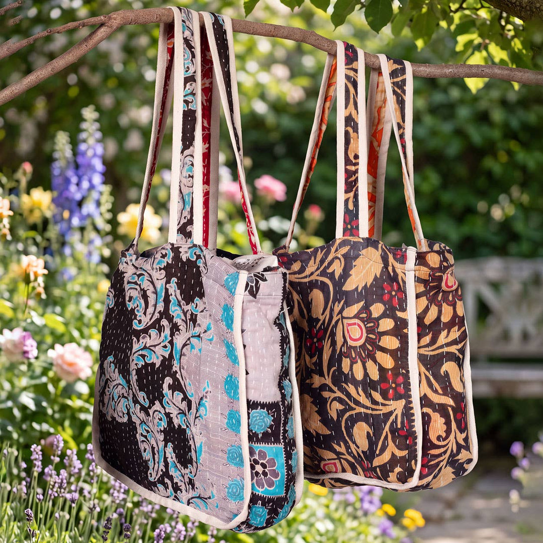Black Kantha Market Tote Bags