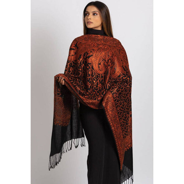 Sanika Embroidered Shawls, Black and Copper - India