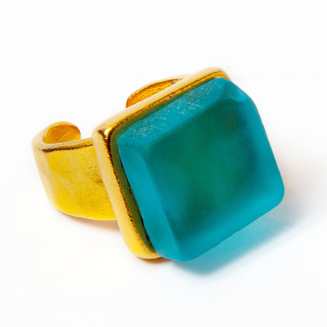 CUBE GOLD RING AQUA | Sustainable Jewelry | Seaglass Style