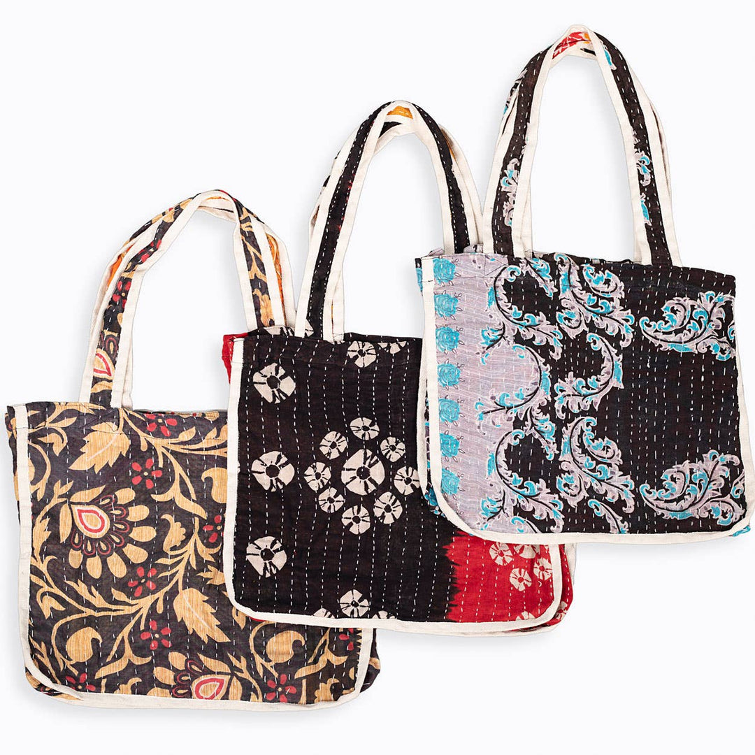Black Kantha Market Tote Bags