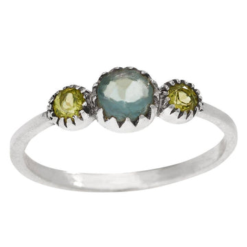 Silver ring with three gemstones on a white background