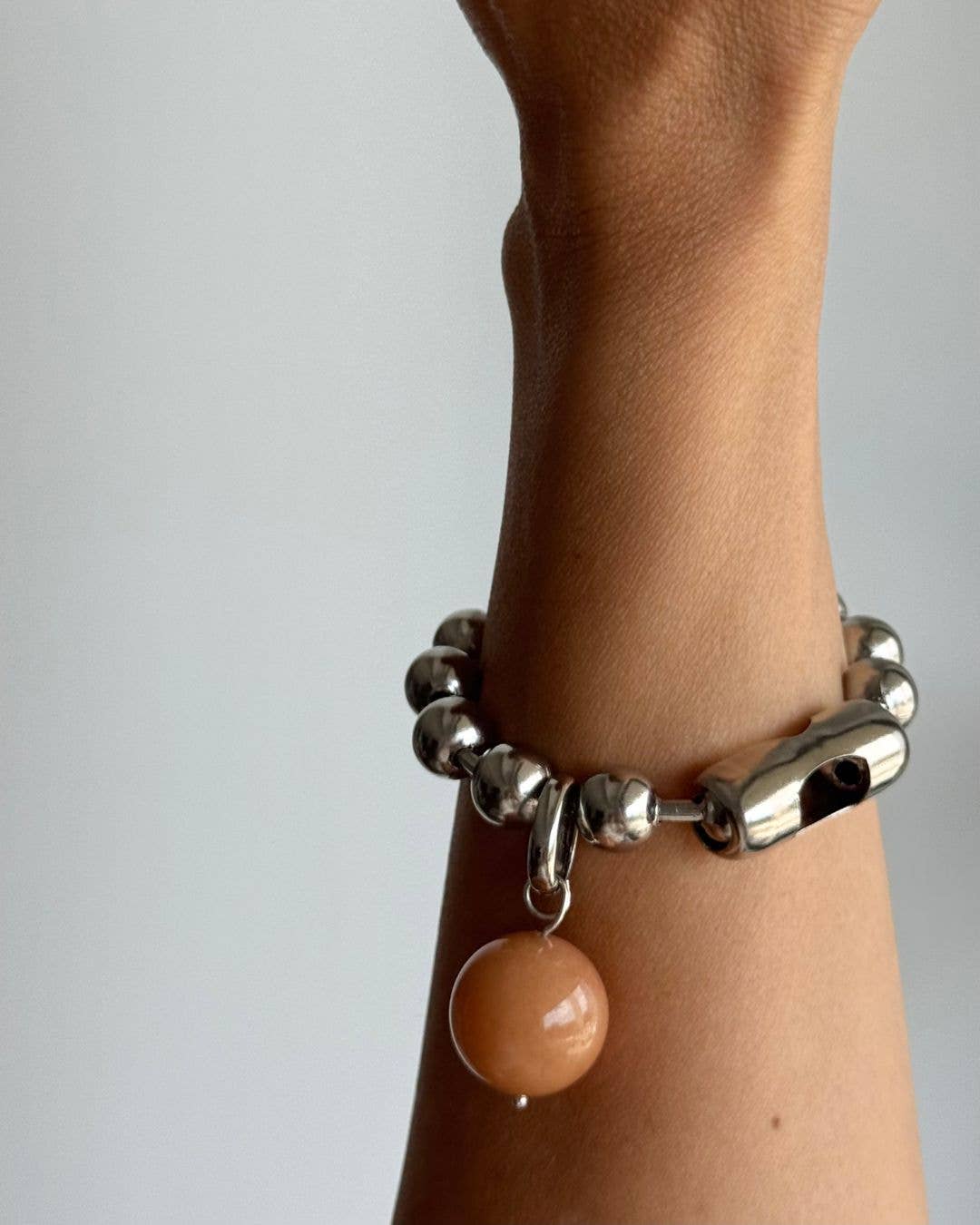 Silver Stainless Steel and 20mm Peach Aventurine Bracelet