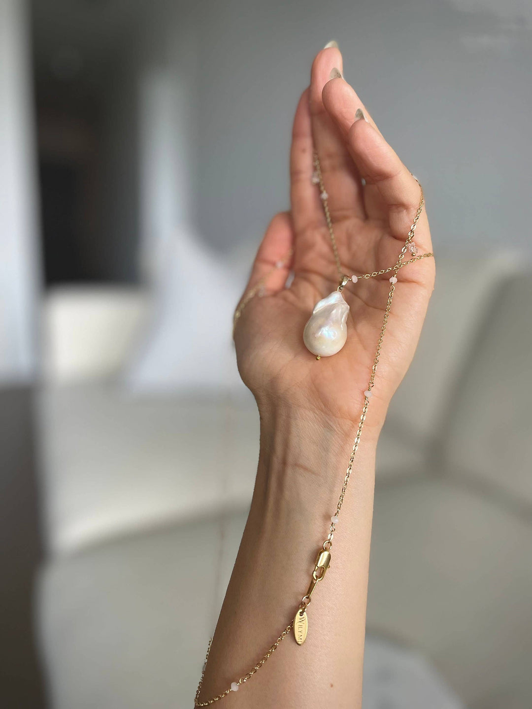 Long White Baroque Pearl Necklace + Herkimer Diamonds