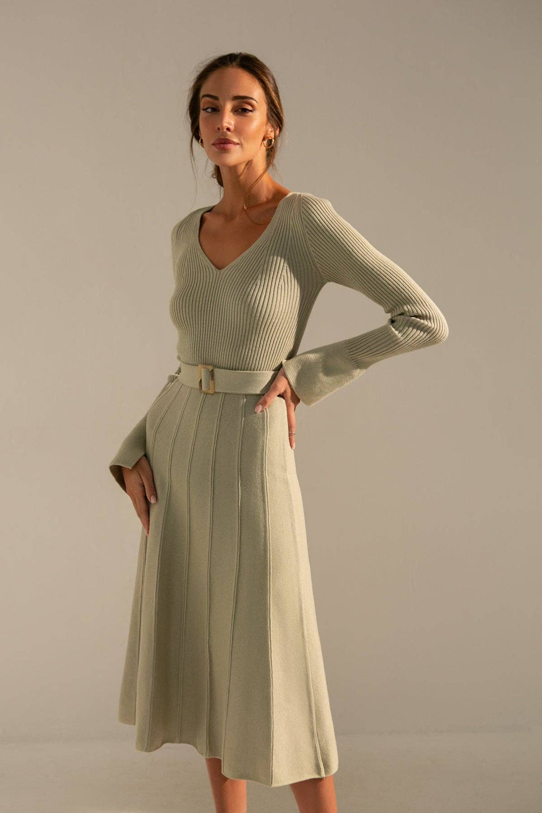 Knitted Belted V-neck Midi Dress Stephanie