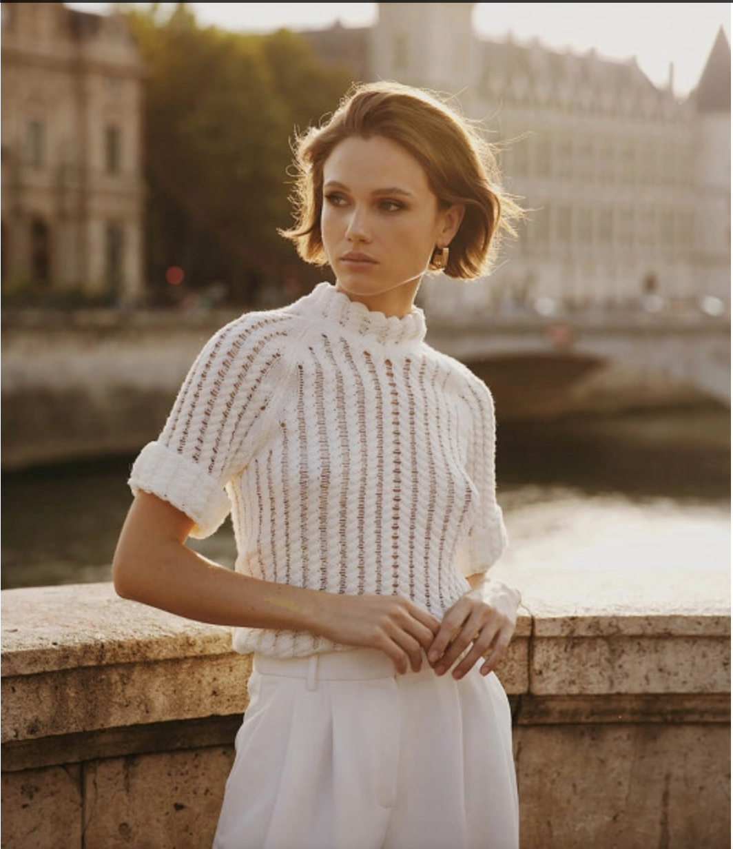 Fringed crochet-knit cotton jumper with short sleeve Provenc