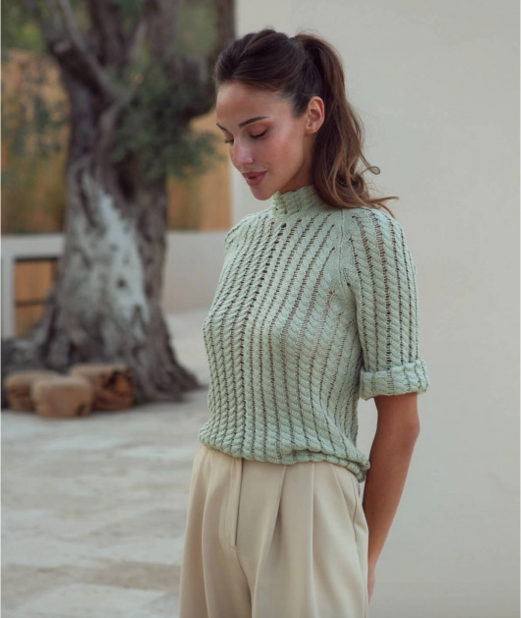 Fringed crochet-knit cotton jumper with short sleeve Provenc