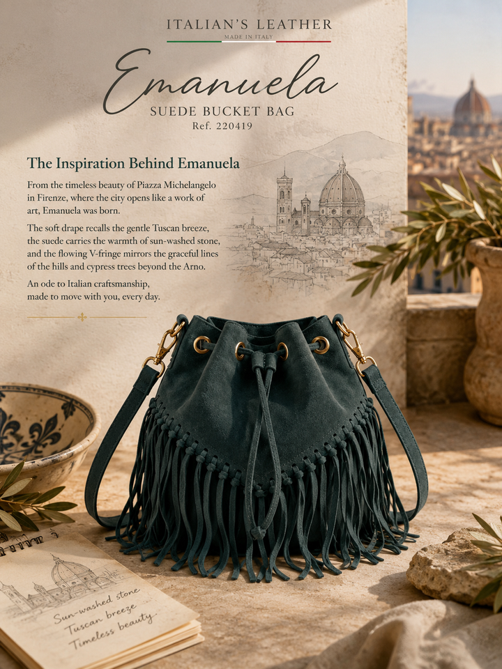 A dark teal leather bucket bag with long fringe and gold-tone hardware, styled on a sandy surface with a vintage-style printed card behind it reading 'Emanuela Suede Bucket Bag' and 'Italian's Leather.'.