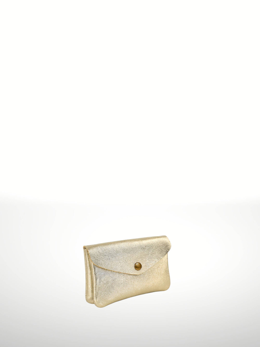 A small metallic gold clutch envelope bag with a single gold button closure, shown against a plain white background.